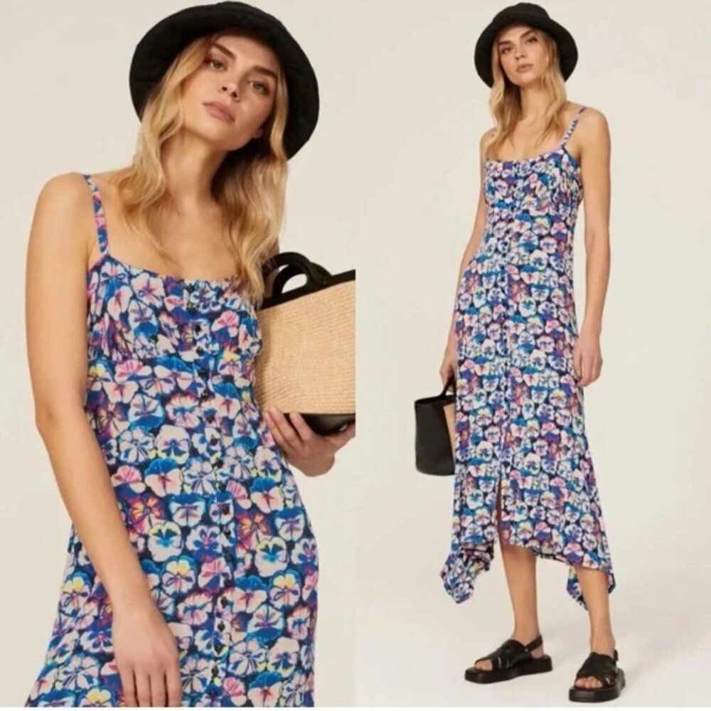 Paco RABANNE Dress - Pansy Print Flowy Jersey Midi slip Sun sweetheart Blue 10